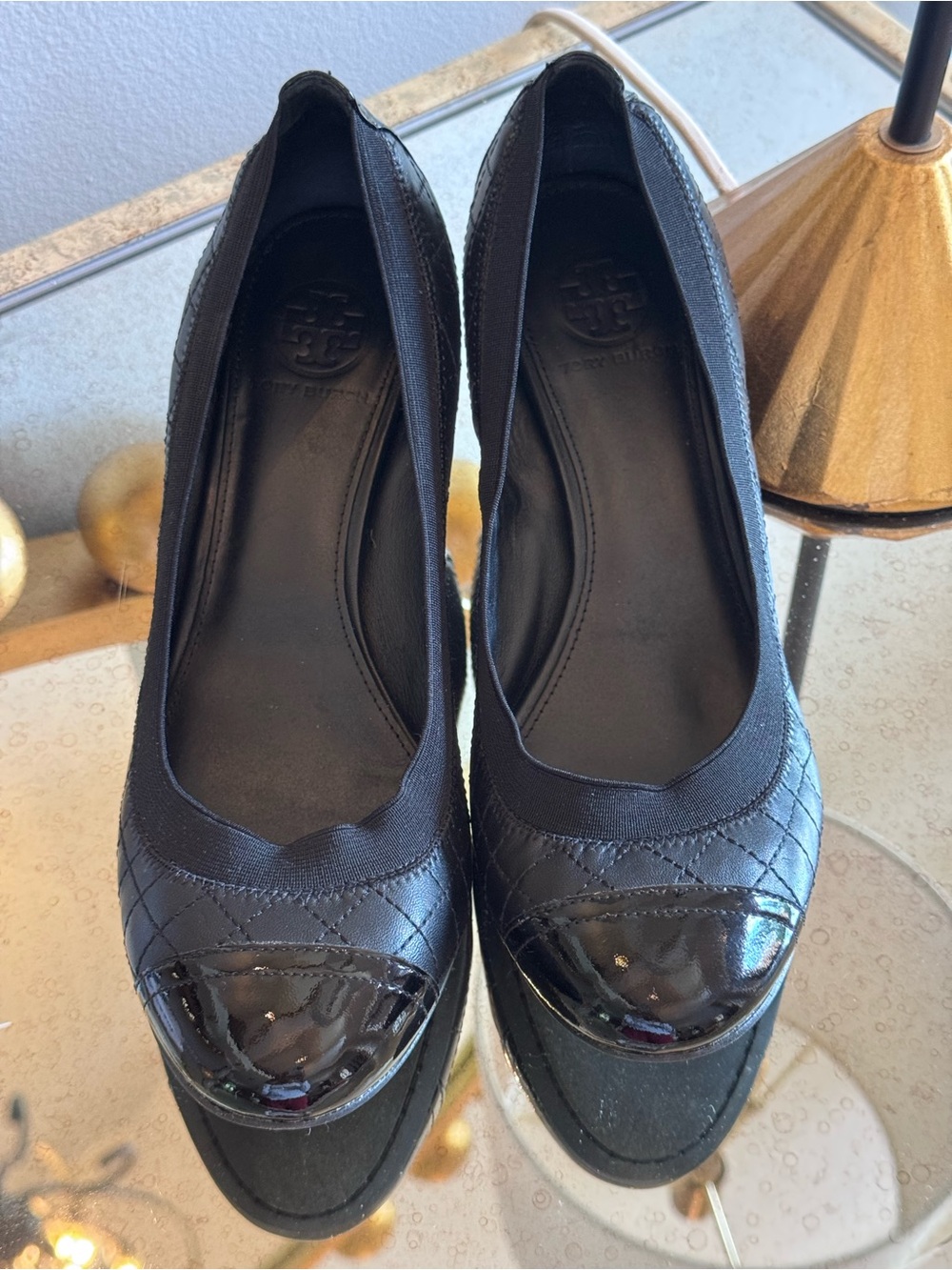 Tory Burch Black Quilted Leather Heels with Patent Cap Toe - Size 9.5